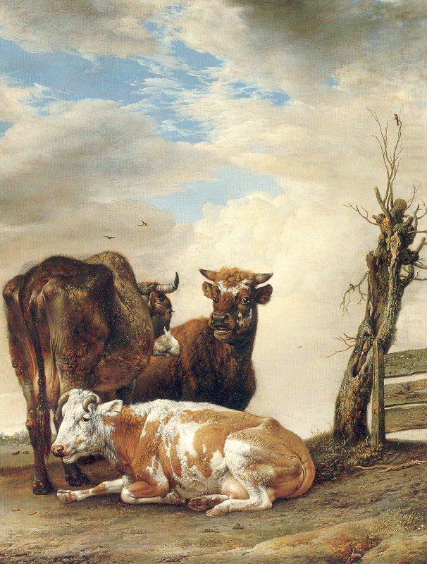 POTTER, Paulus Two Cows a Young Bull beside a Fence in a Meadow china oil painting image